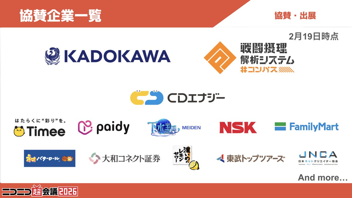 🎉 #ニコニコ超会議2026 特番放送中 🥳

ニコニコ超会議2026 に
ご協賛いただく企業様はこちらの皆さんです✨

一緒にイベントを盛り上げてくださいます🎊
本当にありがとうございます🙇‍♀️✨

今後も企業様が追加予定とのことですので、
次回の発表をお楽しみに♬

 📺発表特番の視聴はこちら