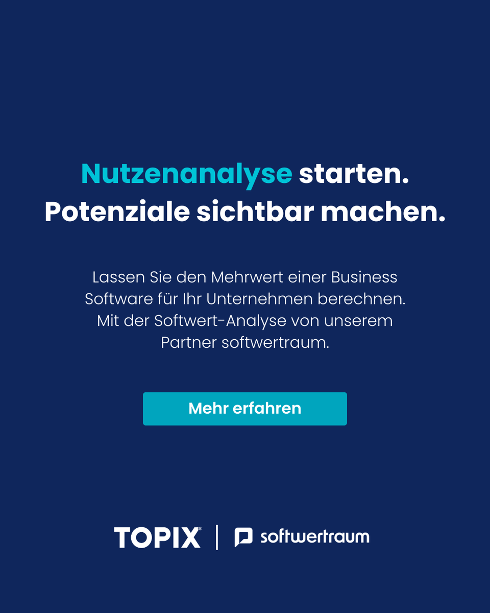 TOPIX_AG's tweet photo. Wie hoch ist der #Mehrwert von Business Software? 📈
Echter Nutzen entsteht, wenn Prozesse durchgängig laufen, Daten zentral verfügbar sind und Abläufe einfacher werden. Wie dieser Mehrwert bewertet werden kann, beschreiben wir in unserem neuen Artikel.
👉 https://t.co/LgZEgNJfyw https://t.co/EhangPeVF8