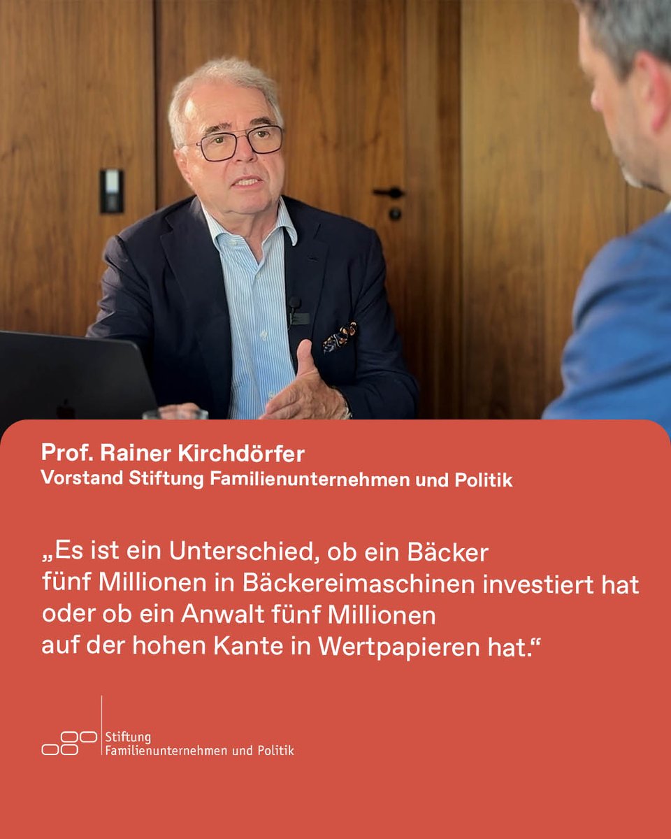 StiftungFamPol's tweet photo. “Es ist ein Unterschied, ob ein Bäcker 5 Millionen in Bäckereimaschinen investiert hat oder ob ein Anwalt 5 Millionen in Wertpapieren hält.“  Prof. Rainer Kirchdörfer im neuen Film über #Betriebsvermögen vs. #Privatvermögen bei der #Erbschaftsteuer.  👉 https://t.co/v85vTIfnZK https://t.co/EBNp9LtxV0