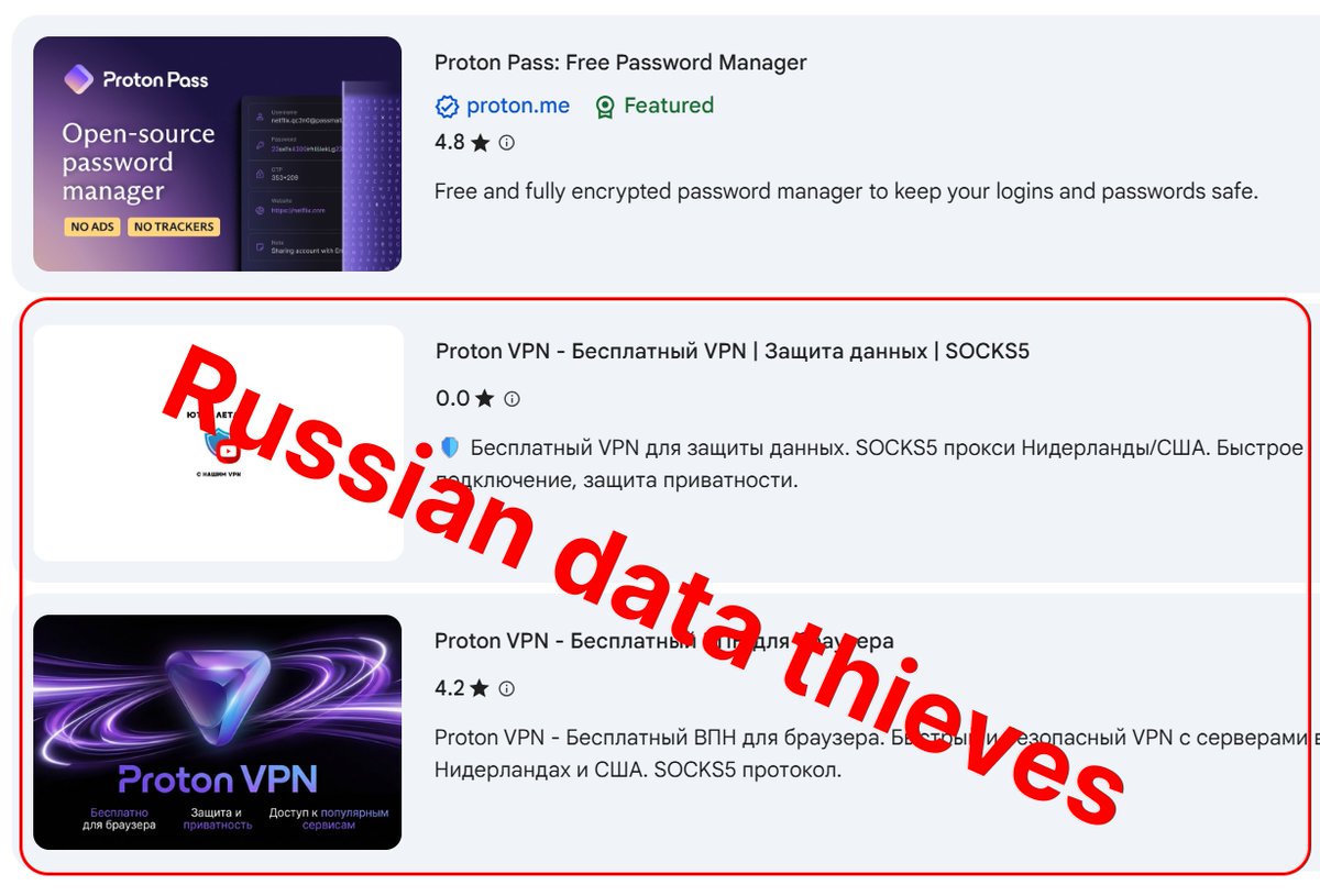 Since the beginning of the year, we've notified <a href="/Google/">Google</a> about fake Proton VPN extensions in their Chrome Web Store not once, but three times.

Bad actors are exploiting this, since Google takes several weeks before taking action, putting users at risk.

Here's how:🧵

1/5