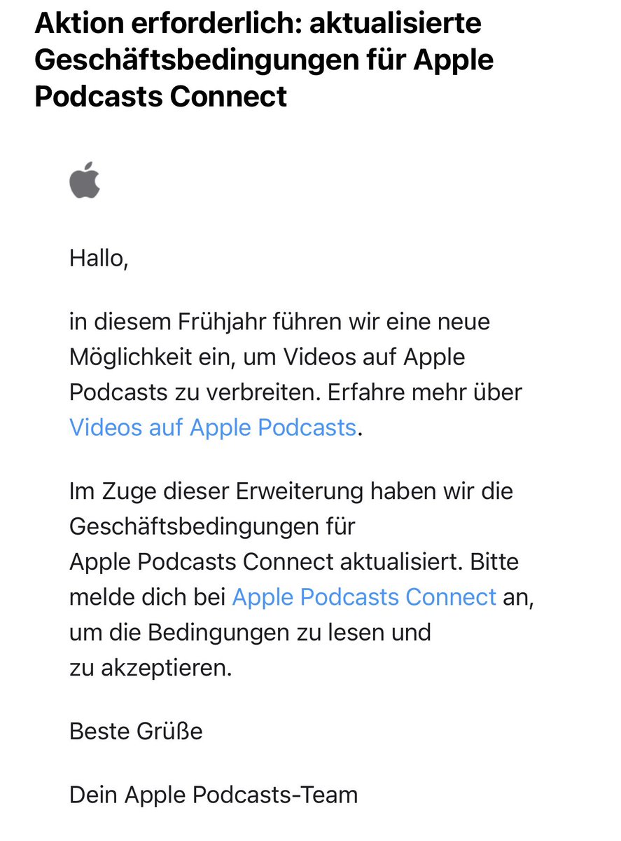 Videos auf Apple Podcasts:
Im Zuge dieser Erweiterung haben wir die Geschäftsbedingungen für
Apple Podcasts Connect aktualisiert. Melde dich bei Apple Podcasts Connect an, um die Bedingungen zu lesen und zu akzeptieren.
Von:
Dein Apple Podcasts-Team