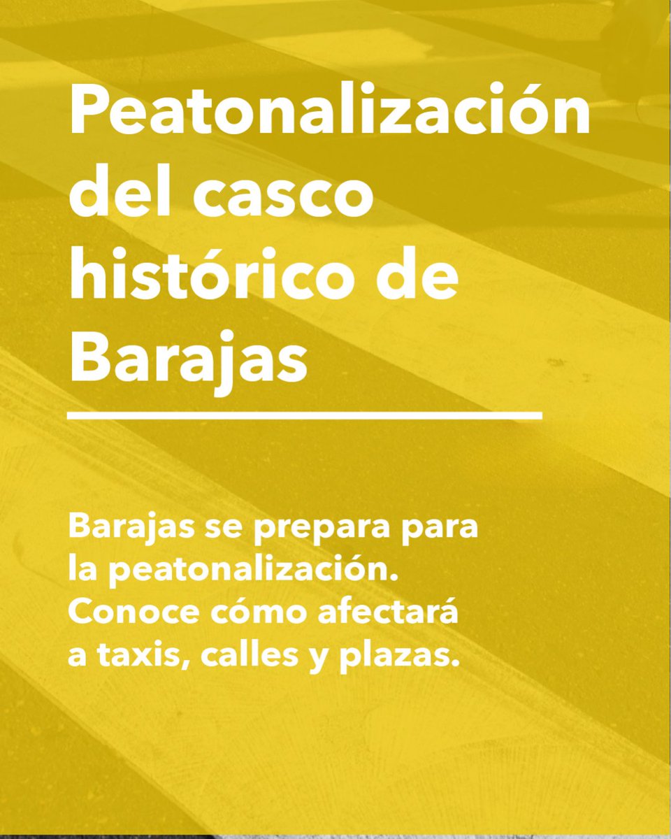 🚕 Taxi y peatonalización en Barajas

Las 10 plazas de Plaza Mayor se trasladan a Av. General (entrada a Plaza Mayor) y se habilitarán 4 nuevas según demanda.

Acceso permitido a hoteles y personas con movilidad reducida, respetando la normativa en zona peatonal.

#Barajas