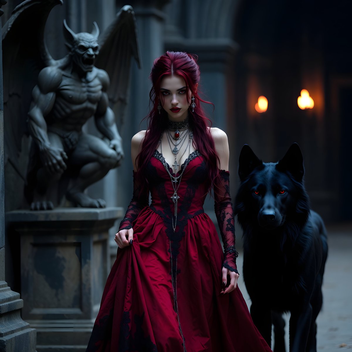 Fresh out of the bath, spotless again after reclaiming my castle😊... Taking a stroll with Shadow to see if anyone is still alive in these corridors😅. What do you think, my loyal guardian🐺 – should we destroy this hideous gargoyle statue🤬and replace it with one of your own?