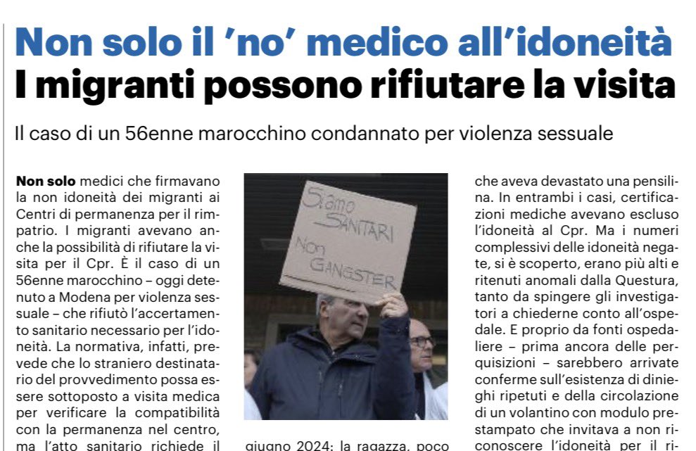 Non solo medici che avrebbero firmato falsi certificati di non idoneità degli immigrati alla permanenza nel centri per il rimpatrio: gli immigrati possono pure rifiutare le visite mediche.

Un 56enne marocchino, oggi detenuto a Modena per violenza sessuale, rifiutò l'accertamento