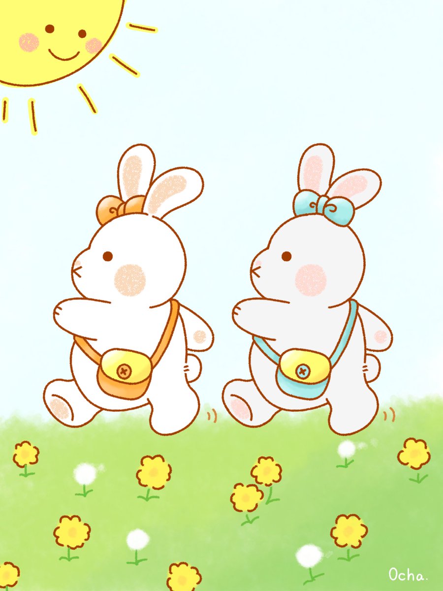 太陽ぽかぽか☀️
お気に入りの絵を春模様に！
タイトルをつけるなら

『おさんぽ日和』かな🌼

#うさぎのはにちゃんぽてちゃん