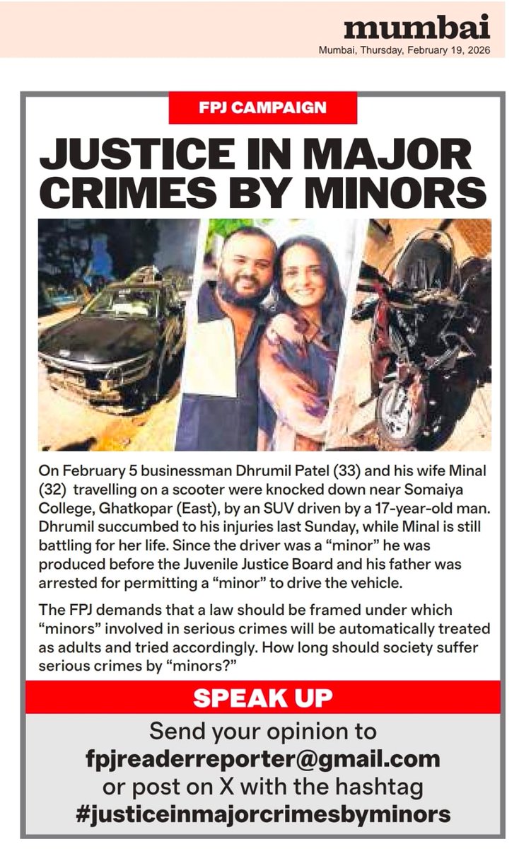 An initiative by Free Press Journal to highlight the heinous crimes committed by minors, who get away with murder !

👉 Why does not the <a href="/MumbaiPolice/">मुंबई पोलीस Mumbai Police</a> not take steps to have their State Prosecution Lawyer's make application to the court to have such minor be tried as an Adult ?