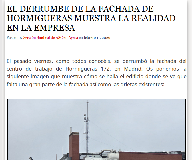 EL DERRUMBE DE LA FACHADA DE HORMIGUERAS MUESTRA LA REALIDAD EN LA EMPRESA 
asc-ayesaat.blogspot.com/2026/02/el-der…

<a href="/AyesaNews/">Ayesa</a> #Ayesa #TIC #Ingenieria #Consultoría 

<a href="/ASC_Sevilla/">ASC Sevilla</a>