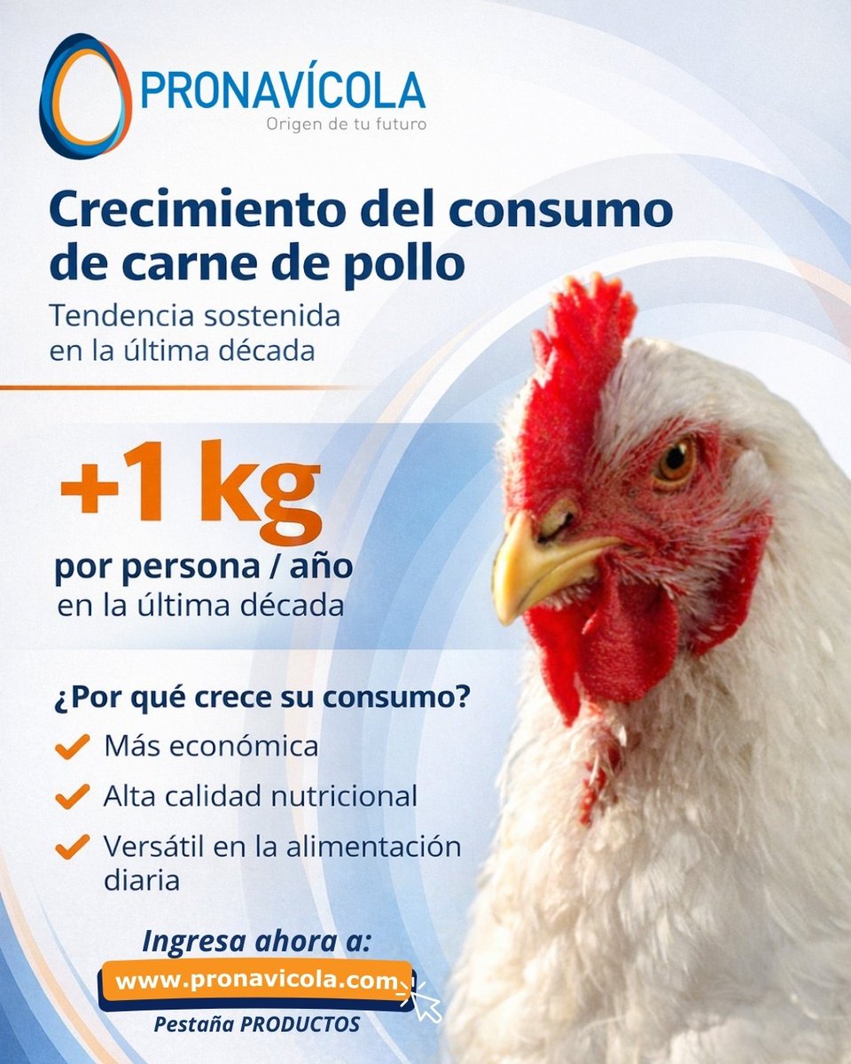 En la última década, el consumo de carne de pollo ha crecido 1 kg por persona cada año. Y no es para menos: es más económica, saludable y versátil. 
pronavicola.com/productos/poll…