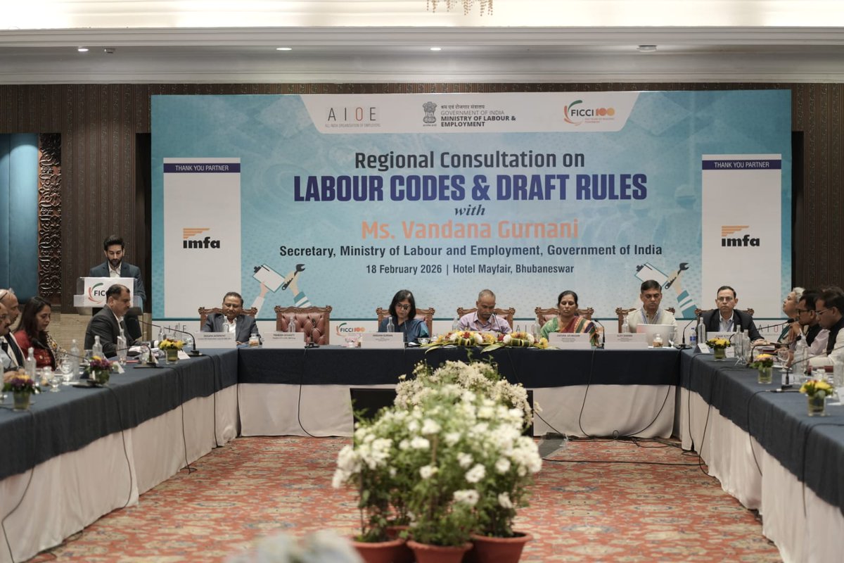 ficci_india's tweet photo. Ms Vandana Gurnani, Secretary, @LabourMinistry, delivered the Keynote Address at the Regional Industry Consultation on Labour Codes & Draft Rules organised by FICCI and the @AlOE__India in Bhubaneswar, Odisha. The consultation featured a comprehensive presentation by Ministry officials outlining the implementation roadmap of the Labour Codes, with emphasis on digital compliance systems, simplification of procedures, and strengthening regulatory efficiency. Senior officials from the Ministry of Labour & Employment, along with Principal Secretaries and senior representatives from the Governments of Odisha, Bihar, Jharkhand, Chhattisgarh, West Bengal, and the Andaman & Nicobar Islands, participated in the deliberations. Industry leaders, employer organisations, and HR and IR professionals engaged in constructive and solution-oriented discussions on the draft rules and their effective rollout. The consultation reaffirmed the importance of collaborative engagement between the government and industry to ensure smooth implementation and sustainable employment growth.

@UTKALCHAMBER