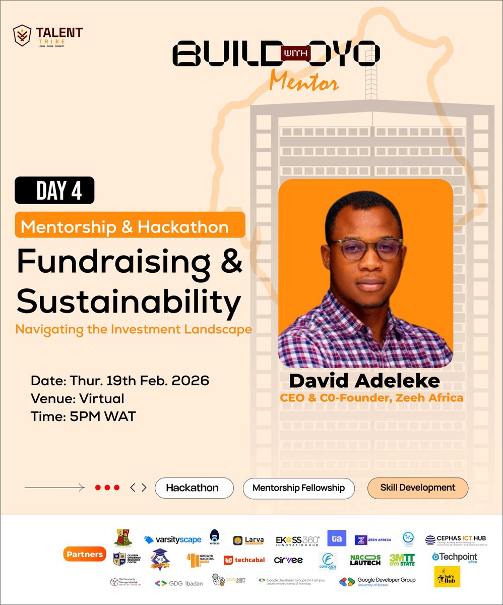 Oyotalenttribe's tweet photo. Today Day 4 Session.🗓️

*Mentorship &amp; Hackathon Track*
Fundraising &amp; Sustainability, Navigating the Investment Landscape for #BuildwithOyo 

Mentor : David Adeleke - Co-Founder &amp; CEO, @zeeh_africa https://t.co/2Sh5XYWA5O