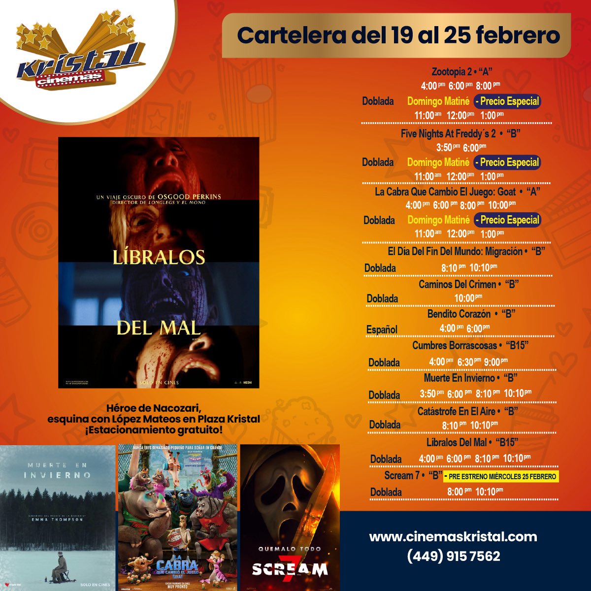 🎬✨ Nueva cartelera, nuevas emociones.
Risas, suspenso, romance o acción… la pantalla ya está lista 🍿
CARTELERA 19-25 FEBRERO
 
Síguenos en nuestras redes:
👍 facebook.com/CinemasKristal
📸 instagram.com/cinemaskristal/ 🎉🎥

#CinemasKristal #Películas #Cine #Cartelera #Estreno