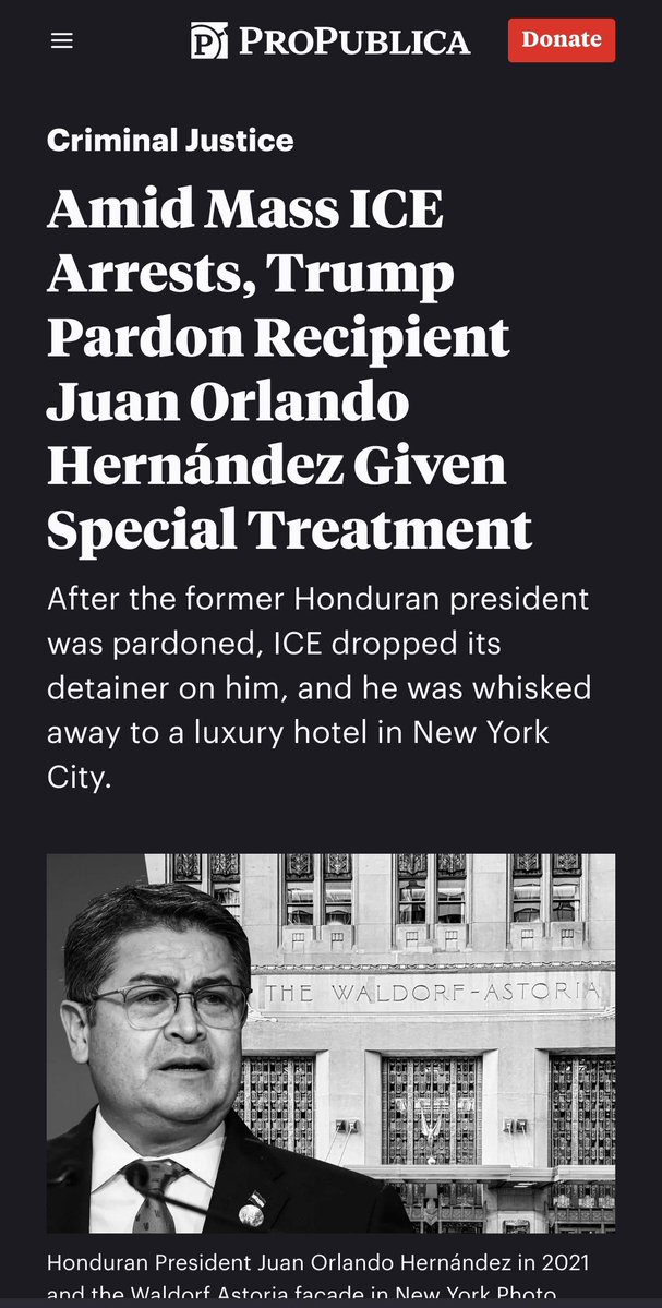 Incredible: Trump pardoned and freed from prison the right-wing ex dictator of Honduras, Juan Orlando Hernández, one of the world's worst drug traffickers, who trafficked over 400 tons of cocaine.

Then the US government paid for this narco-dictator to stay in a luxury NYC hotel.