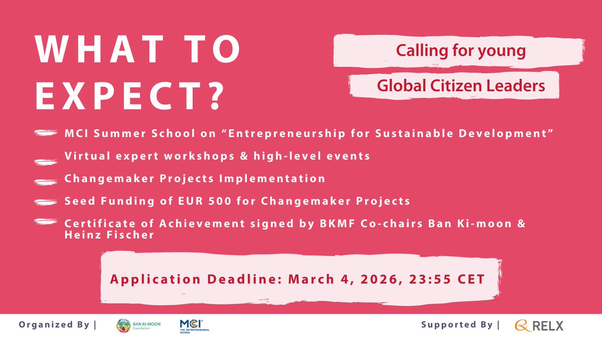 📢 CALL FOR APPLICATIONS!

The #GlobalCitizen Scholarship 2026 by #BKMF <a href="/MCI_Innsbruck/">MCI | The Entrepreneurial School®</a> &amp; @relxhq is now open for young changemakers from selected countries in Sub-Saharan Africa, Middle East, South &amp; Southeast Asia.

More info🔗 bankimoon.org/scholarship 
📅 Apply by: March 4