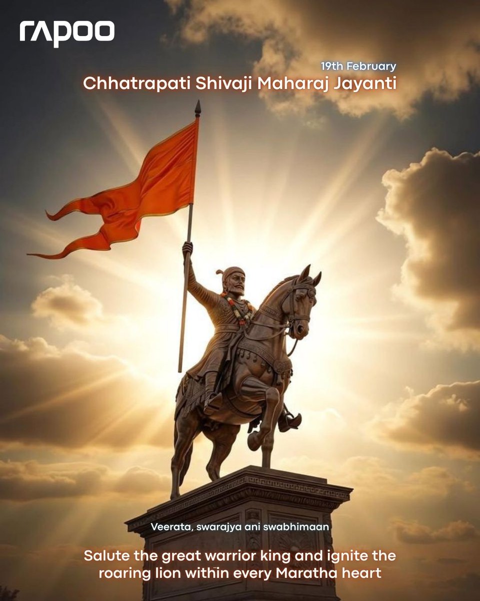 Rapoo_In's tweet photo. Chhatrapati Shivaji Maharaj Jayanti 2026! Salute the great warrior king who kindled courage, swarajya, and pride in every Hindu heart. Roar with his lion spirit. United and strong!

#ShivajiJayanti2026 #ChhatrapatiShivajiMaharaj #HinduPride #Swarajya #JaiShivaji #RapooIndia https://t.co/6i24ZcoI5H