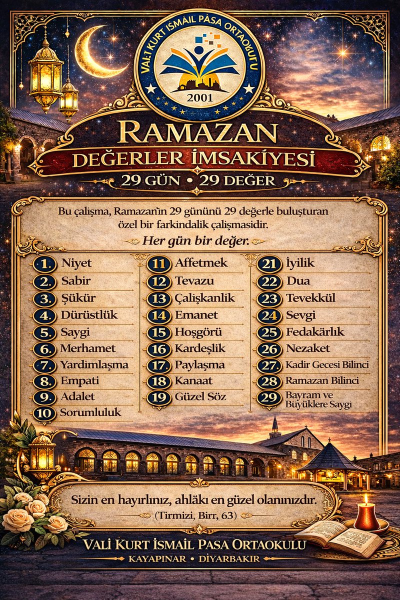 DEĞERLER İMSAKİYESİ
29 Gün • 29 Değer
Bu Ramazan’da her gün bir değeri kalbimize nakşediyoruz.
Niyetle başlıyor, sabırla güçleniyor, şükürle bereketleniyoruz.
Ramazan; ahlâkın ve merhametin dirilişidir.
#ramazan
#KarakterEğitimi  
#MaarifModeli
 <a href="/sadoglu_salih/">Salih Sadoğlu</a> 
<a href="/Kayahansubasi/">Kayahan Subaşı</a>