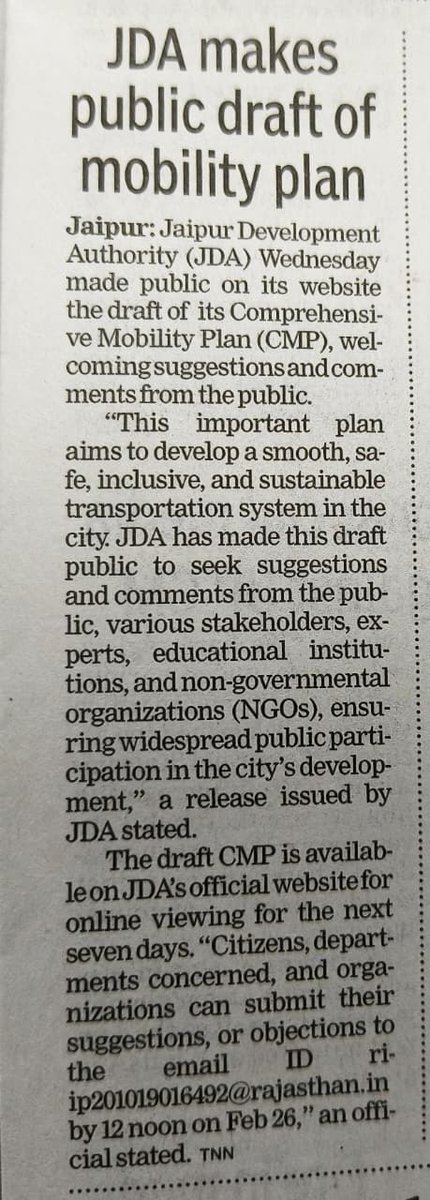 jdajaipur's tweet image. JDA invites suggestions and objections from citizens, stakeholders and institutions on the draft Comprehensive Mobility Plan (CMP).
Join us in building a smoother, safer, more inclusive and sustainable transport system for Jaipur.
Your ideas matter..
#CMP #PublicParticipation