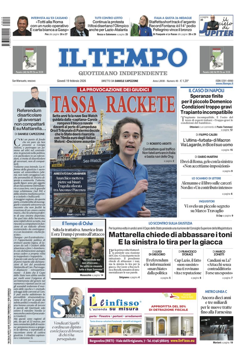 tempoweb's tweet image. 📍 Tassa #Rackete; la provocazione dei giudici
📍 Speranze finite per il piccolo Domenico, trapianto incompatibile
📍 Salta la trattativa America-#Iran. E ora #Trump è pronto all’attacco

🔽 La prima pagina 📰 Siamo in edicola📣🗞
#19febbraio #buongiornoatutti ⏰☕️