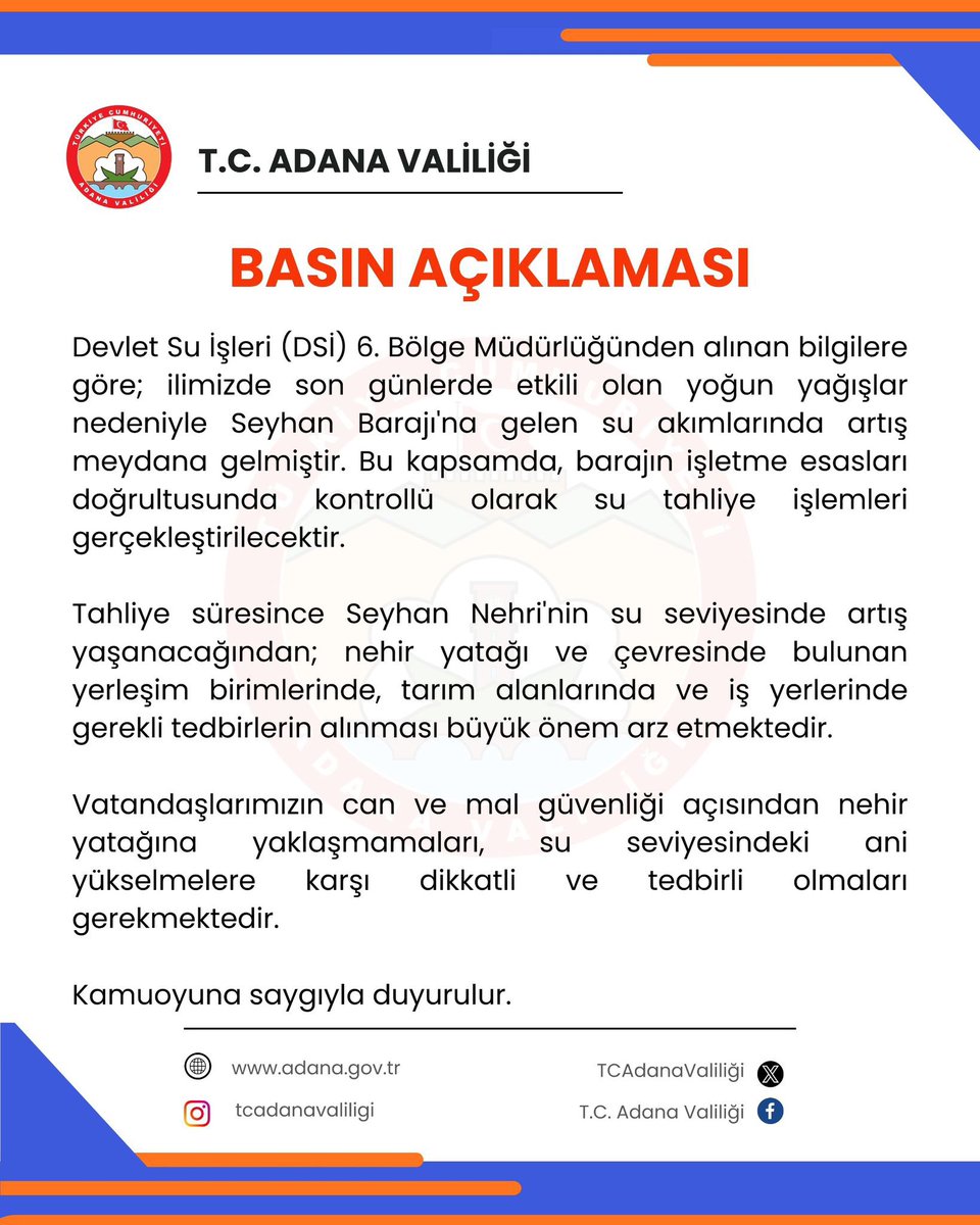 Seyhan Barajı’nda Yapılacak Kontrollü Su Tahliyesiyle İlgili Basın Açıklaması

#tcadanavaliligi
#valimustafayavuz 
#adana
#seyhan