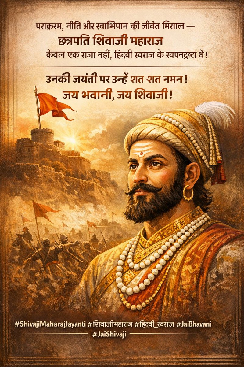 rin2c's tweet image. पराक्रम, नीति और स्वाभिमान की जीवंत मिसाल 
छत्रपति शिवाजी महाराज केवल एक राजा नहीं, हिंदवी स्वराज के स्वप्नद्रष्टा थे।
उनकी जयंती पर उन्हें शत-शत नमन।
जय भवानी, जय शिवाजी! 🚩
#ShivajiMaharajJayanti #शिवाजीमहाराज #हिंदवी_स्वराज