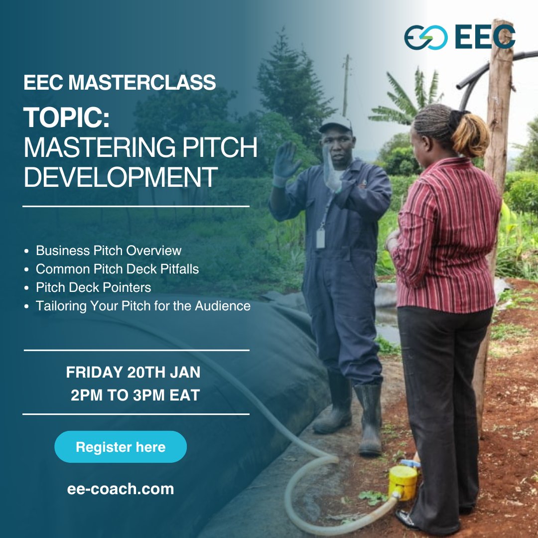 🔥 Tomorrow!

📌 #Masterclass: Mastering #PitchDevelopment
For #RenewableEnergy #entrepreneurs via @EECPlatform.
🗓️ Fri 20 Feb 2026
⏰ 2:00–3:00 PM EAT / 11:00–12:00 GMT

Craft investor-ready pitches—structure, pitfalls, data viz &amp; tailoring
Apply now👉 bit.ly/4c3kRvH
