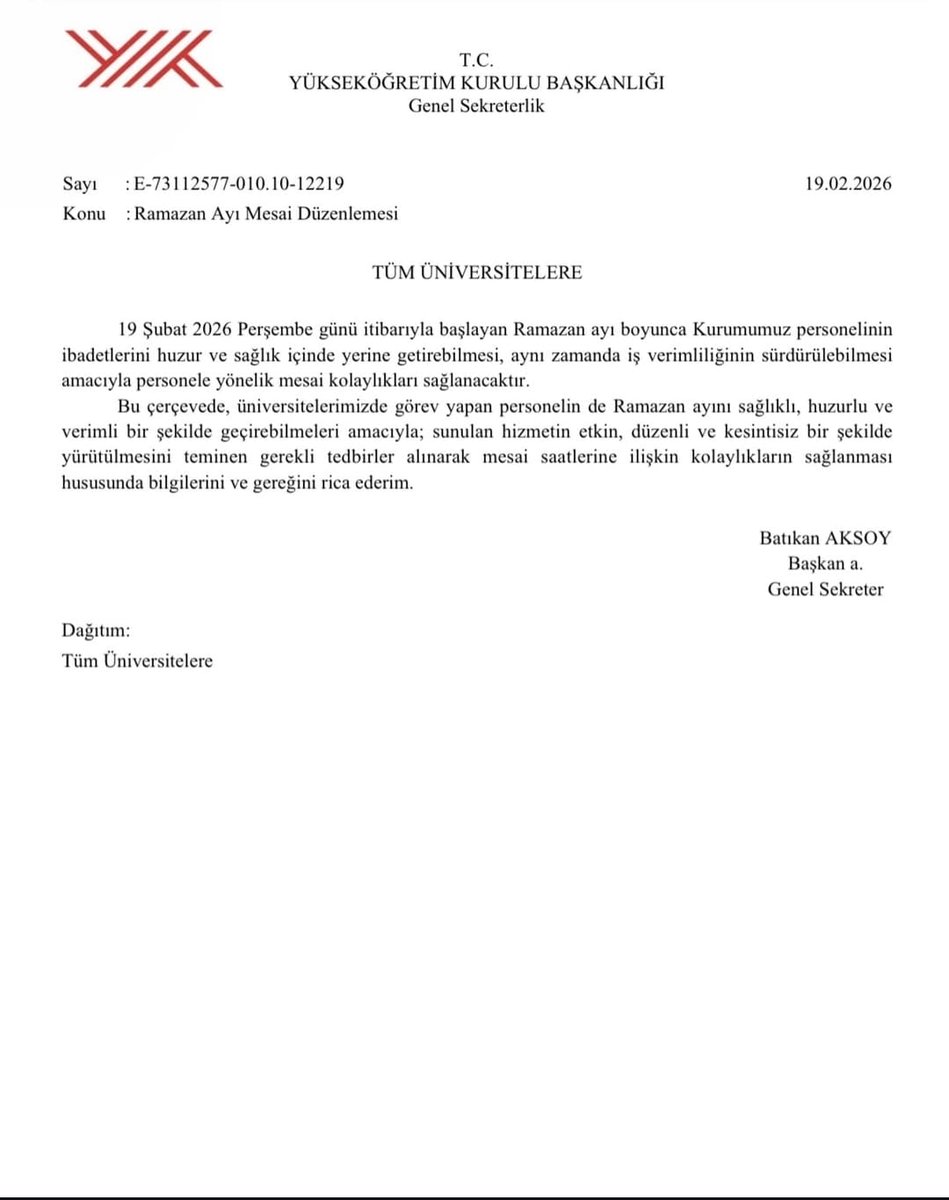 Ramazan ayı boyunca üniversitelerde mesai düzenlemesi yapılması talebimiz sonrasında üniversitelere mesai noktasında kolaylık sağlanmasına yönelik yazı gönderen Yükseköğretim Kurulu Yönetimine teşekkür ediyoruz. 
Tüm üniversitelerin mesai düzenlemesi noktasında üzerine düşeni