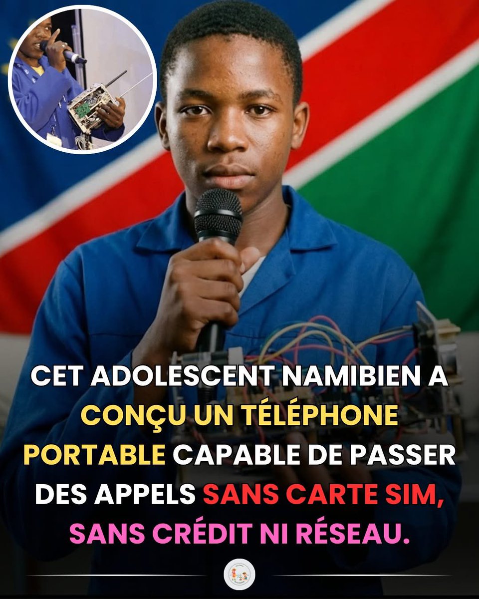 🚨🚨🚨Un adolescent namibien, Simon Petrus, a conçu en Namibie 🇳🇦 un téléphone fonctionnant sans carte SIM ni crédit, utilisant les radiofréquences et des pièces recyclées. Une innovation pensée pour les zones rurales sans réseau. 🌍📱 #Innovation #Technologie #Afrique