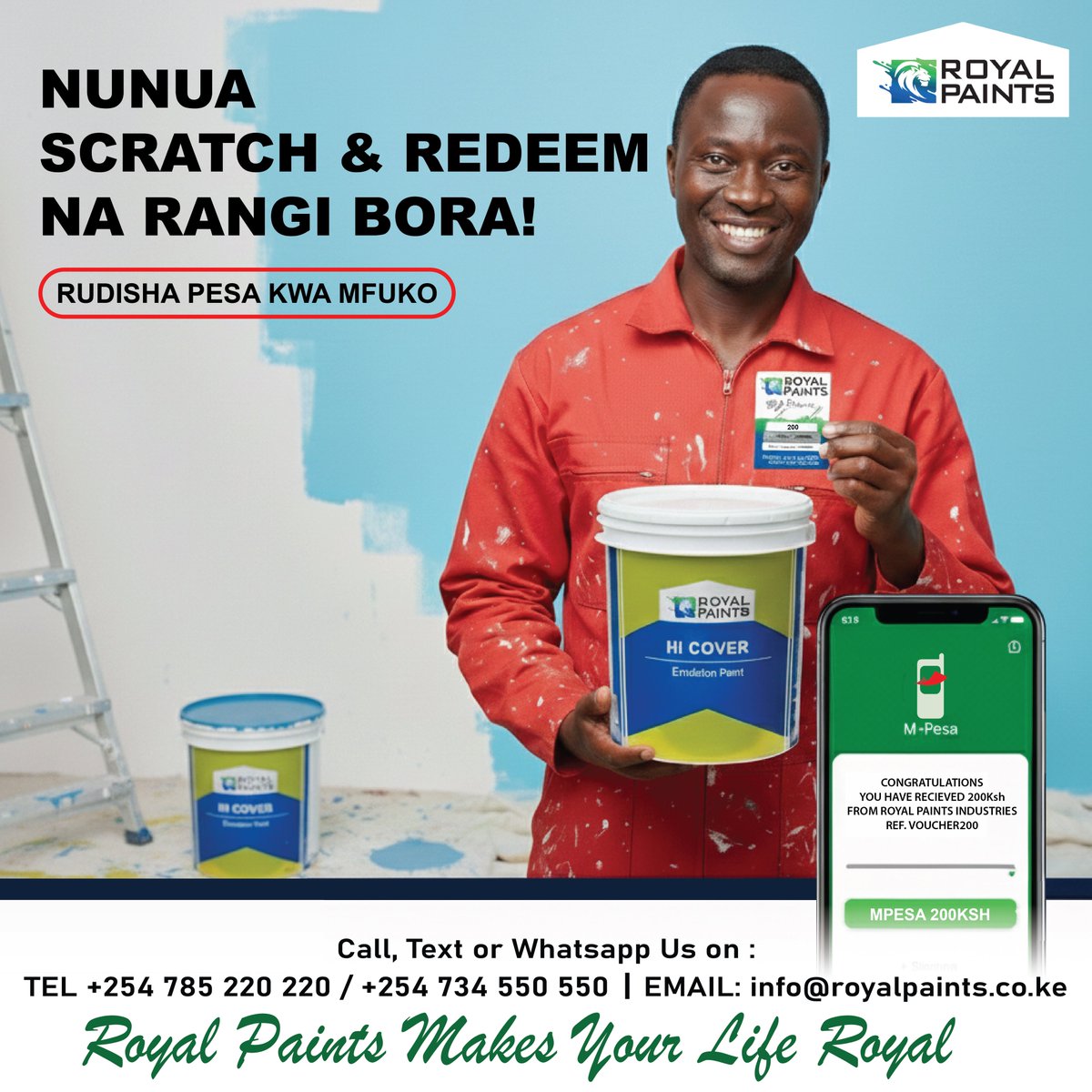 NUNUA. SCRATCH. REDEEM. 🎉
Nunua Royal Paints, scratch voucher yako na upate pesa moja kwa moja kwa M-Pesa! 💰📲
Uko tayari kushinda? 👇
Tembelea hardware store iliyo karibu nawe leo!

#RoyalPaints #RangiBora #ScratchAndWin