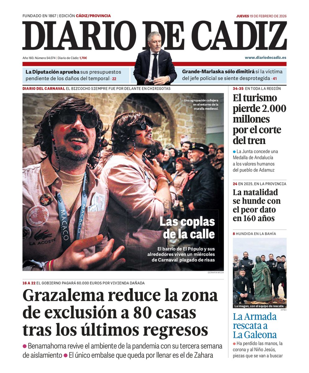 diariocadiz's tweet image. ¡Buenos días! Aquí tenéis la portada de @diariodejerez de este 19 de febrero de 2026 #Jerez #FelizJueves diariodejerez.es