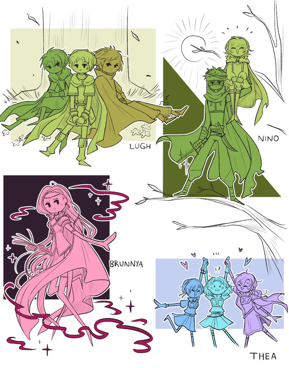 Part 2 of Fire Emblem request doodles featuring Lugh, Nino, Brunnya, and Thea !! I put all the Elibe characters together because that just felt right. A little surprised most of the requests were for them- but I'm not complaining. So many of them are so underrated.