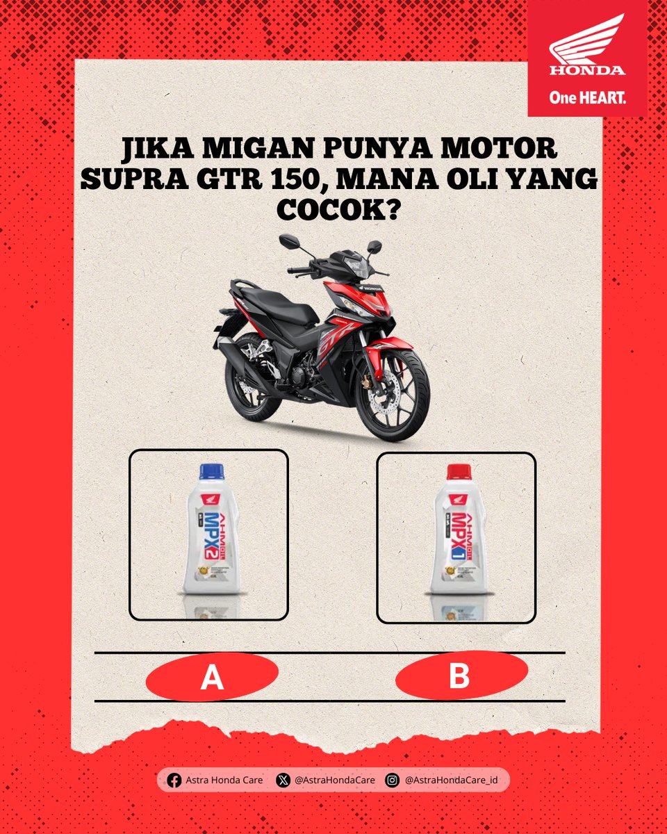 Waktunya Giveaway!

Seperti biasa di hari Kamis ini MiGan mau kasih Giveaway berhadiah menarik (e-wallet).

Pertanyaan Giveaway: Tebak oli yang cocok motor Supra GTR 150. Simak pertanyaan Giveaway dari MiGan dan cuz jawab di kolom komentar!

Dapetin hadiah menarik untuk 1 (satu)