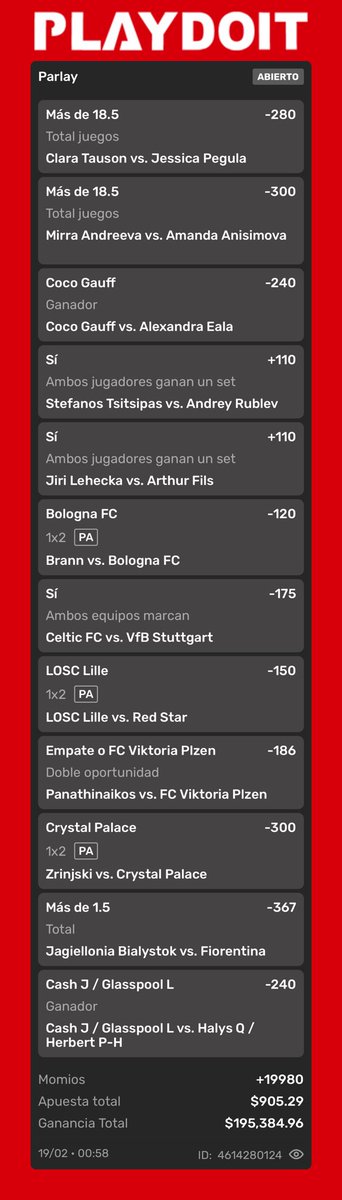 Parlay del Space madrugador WTA ATP y Europa League vamos a darle dejen su buenas vibras 🤑🤑🤑

Dejen su like ❤️ de la buena suerte para cobrar todos juntos 🤓🤓🤓