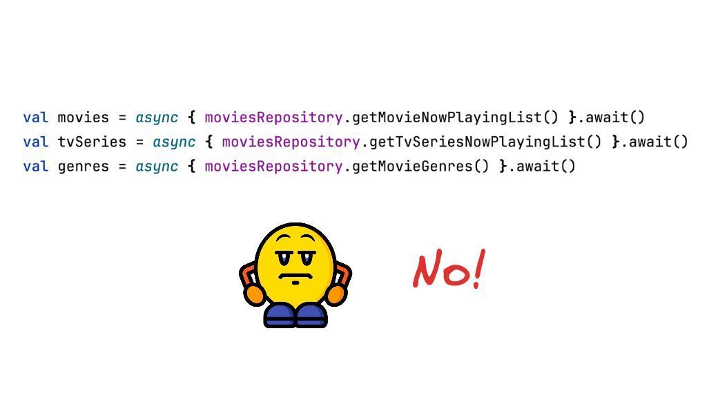 I am always disappointed when I see that in Kotlin, but I see it surprisingly often. It makes no sense to make an async call and immediately await its completion. You should call await after the last async.