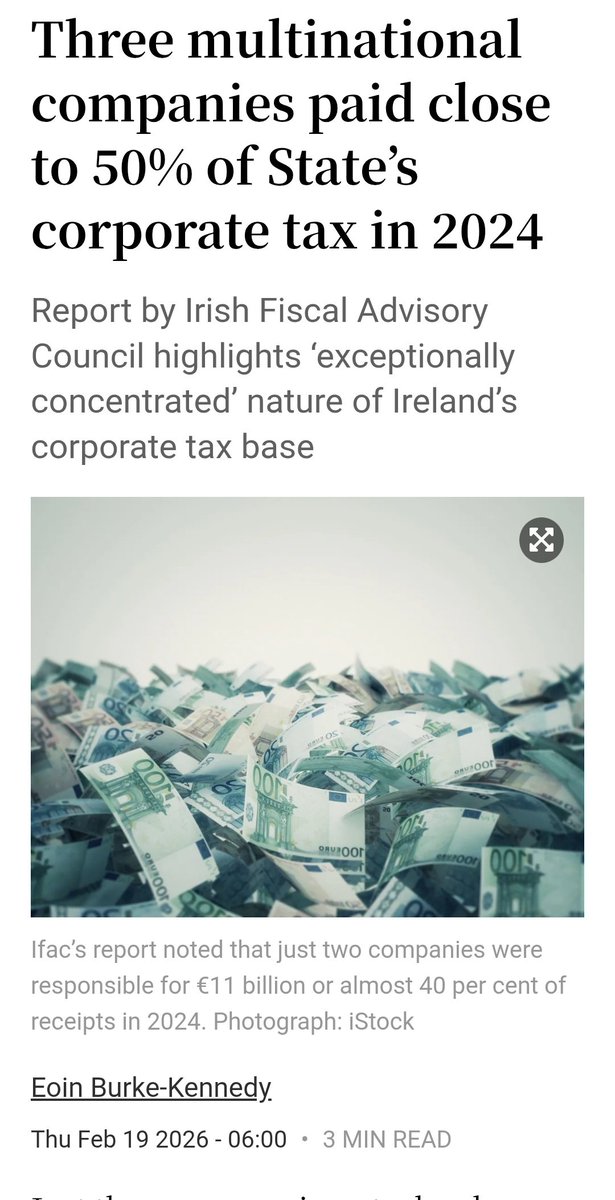 caulmick's tweet photo. Just three companies – technology groups Apple and Microsoft and pharma group Eli Lilly – were responsible for almost half the corporation tax collected by the State in 2024. - ✍️Eoin Burke-Kennedy
A report by the Irish Fiscal Advisory Council (#Ifac) estimates that the three US multinationals paid 46 per cent – or around €13 billion – of the €28.1 billion collected that year.
#CorporationTax
https://t.co/oazpuQgtlU