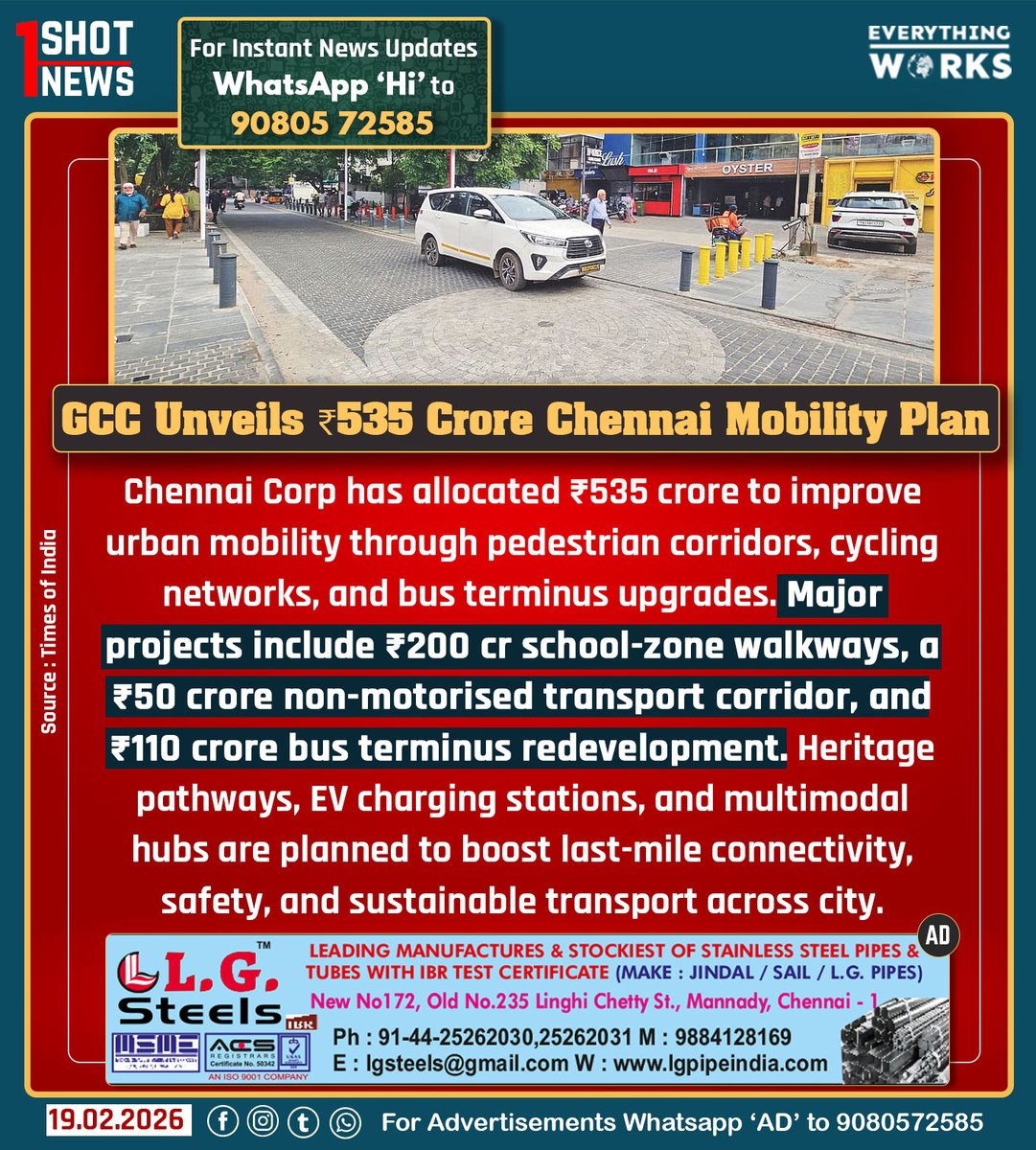 Greater Chennai Corporation has allocated ₹535 crore to improve urban mobility through pedestrian corridors, cycling networks, and bus terminus upgrades. Major projects include ₹200 crore school-zone walkways, a ₹50 crore non-motorised transport corridor, and ₹110 crore bus