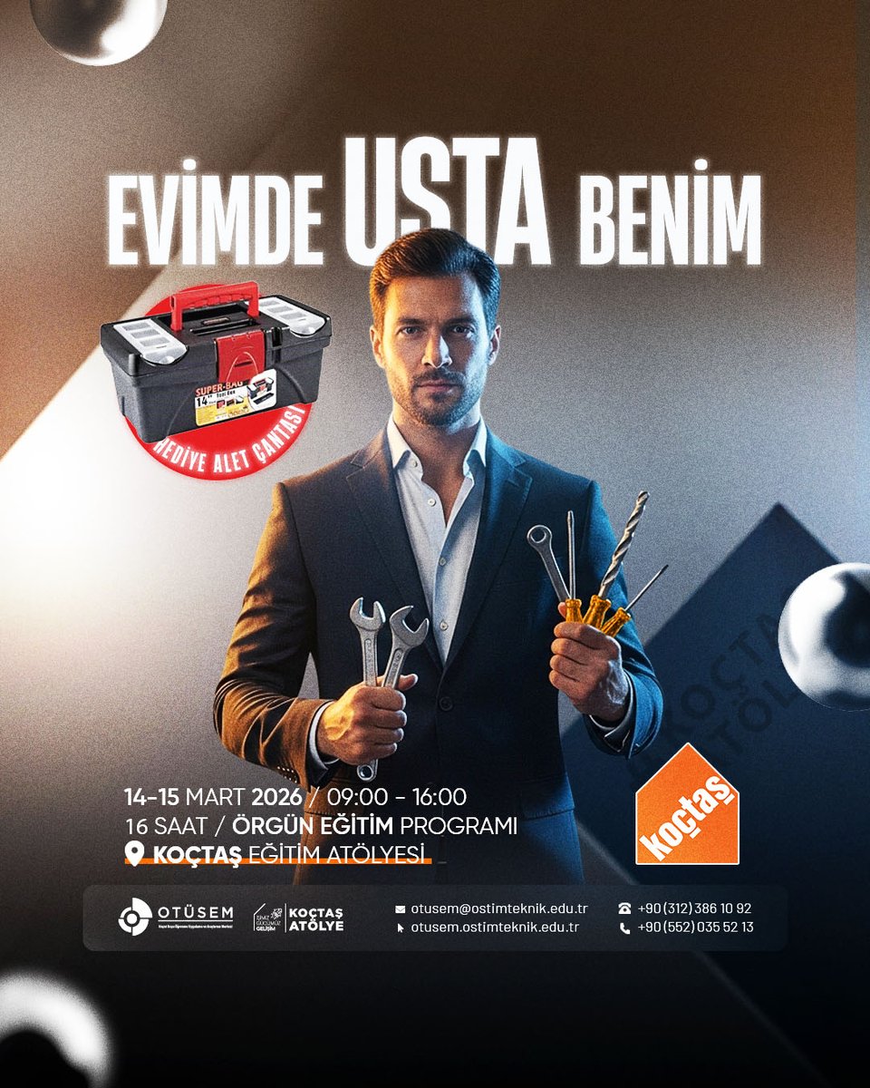 📅Eğitim Tarihi: 14-15 Mart 2026
⏰Eğitim Saati: 09:00–17:00
🕒Eğitim Süresi: 16 Saat (2 Gün)
📍Eğitim Yeri: KOÇTAŞ Atölye (İstanbul)
💰Eğitim Ücreti: 14.500 TL
👨‍🔧Eğitmenler: Onur ÇAĞŞUR &amp; Doğukan ÖZKAN

Bilgi ve Kayıt
otusem.ostimteknik.edu.tr/course/evimde-…
0 552 035 52 13