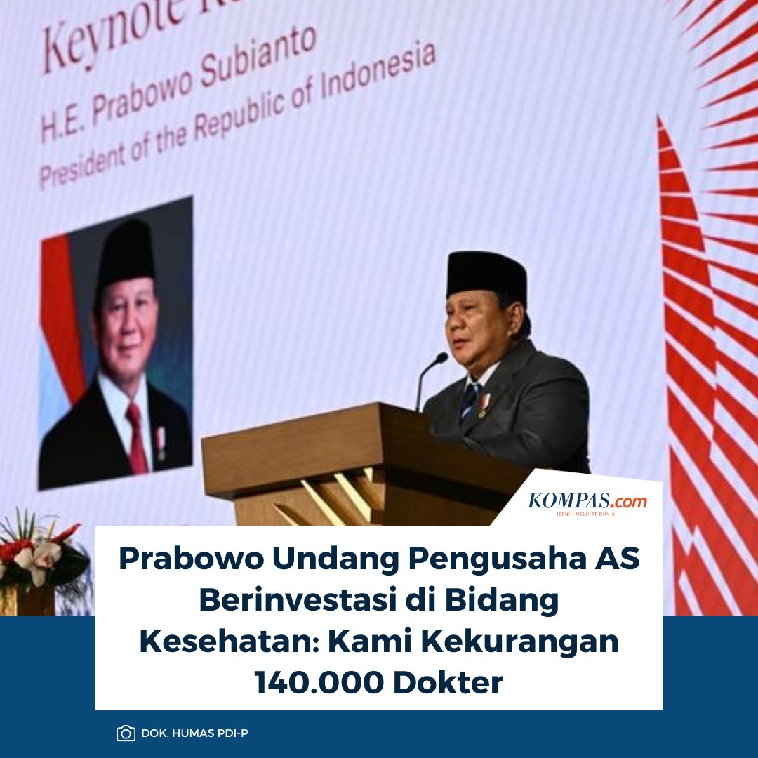 kompascom's tweet image. Presiden Prabowo Subianto mengajak para pengusaha Amerika Serikat (AS) untuk berinvestasi di bidang kesehatan di Indonesia. Pasalnya, negara ini masih kekurangan 140.000 dokter.

Baca di sini: nasional.kompas.com/read/2026/02/1…

~AA #Prabowo #Investasi #Kesehatan
