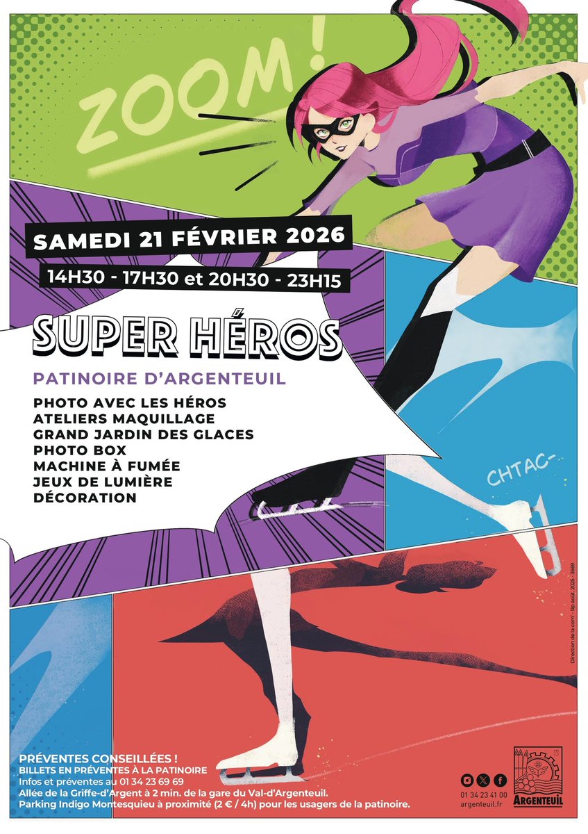 VilleArgenteuil's tweet image. // Soirée super héros à la patinoire🦸

Ce samedi 21 février 2026, de 14h30 à 17h30 et de 20h30 à 23h15, la patinoire de l'allée de la Griffe-d'Argent accueille super-héros et super-héroïnes !

argenteuil.fr/fr/agenda/soir…

#Argenteuil #OuvrezGrandLesYeux #patinoire #SuperHéros