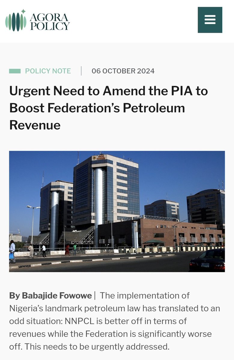 We welcome President Tinubu's bold measures, some of which we highlighted in our October 2024 Policy Note. The PIA is a great piece of legislation but, like all laws, it is not perfect. Its flaws are not flimsy: they disadvantage the Federation  👇🏽

agorapolicy.org/research/polic…