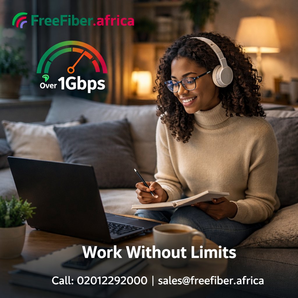 freefiberafrica's tweet photo. Your home is now your office — your internet should keep up. Attend meetings, upload files, and collaborate in real time with ultra-fast, reliable FreeFiber. No buffering, no interruptions — just productivity at speeds over 1Gbps.

Call: 02012292000 | sales@freefiber.africa https://t.co/U1y4EA4mMg