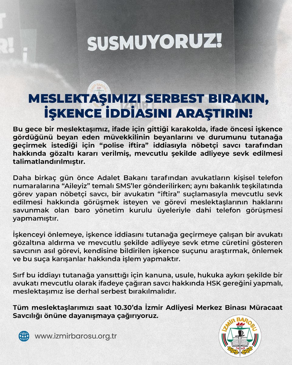 Meslektaşımızı Serbest Bırakın, İşkence İddiasını Araştırın!

Bu gece bir meslektaşımız, ifade için gittiği karakolda, ifade öncesi işkence gördüğünü beyan eden müvekkilinin beyanlarını ve durumunu tutanağa geçirmek istediği için “polise iftira” iddiasıyla nöbetçi savcı