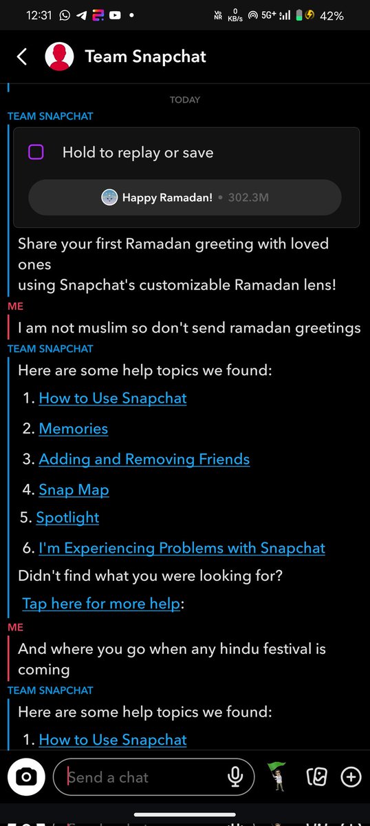 no2Gamingacc's tweet photo. @Snapchat @snapchatsupport why you send everyone? 

It doesn't matter if you wish Ramadan, but why not wish it on other festivals(specially in Hindu festival)? https://t.co/YxznOZIUiC