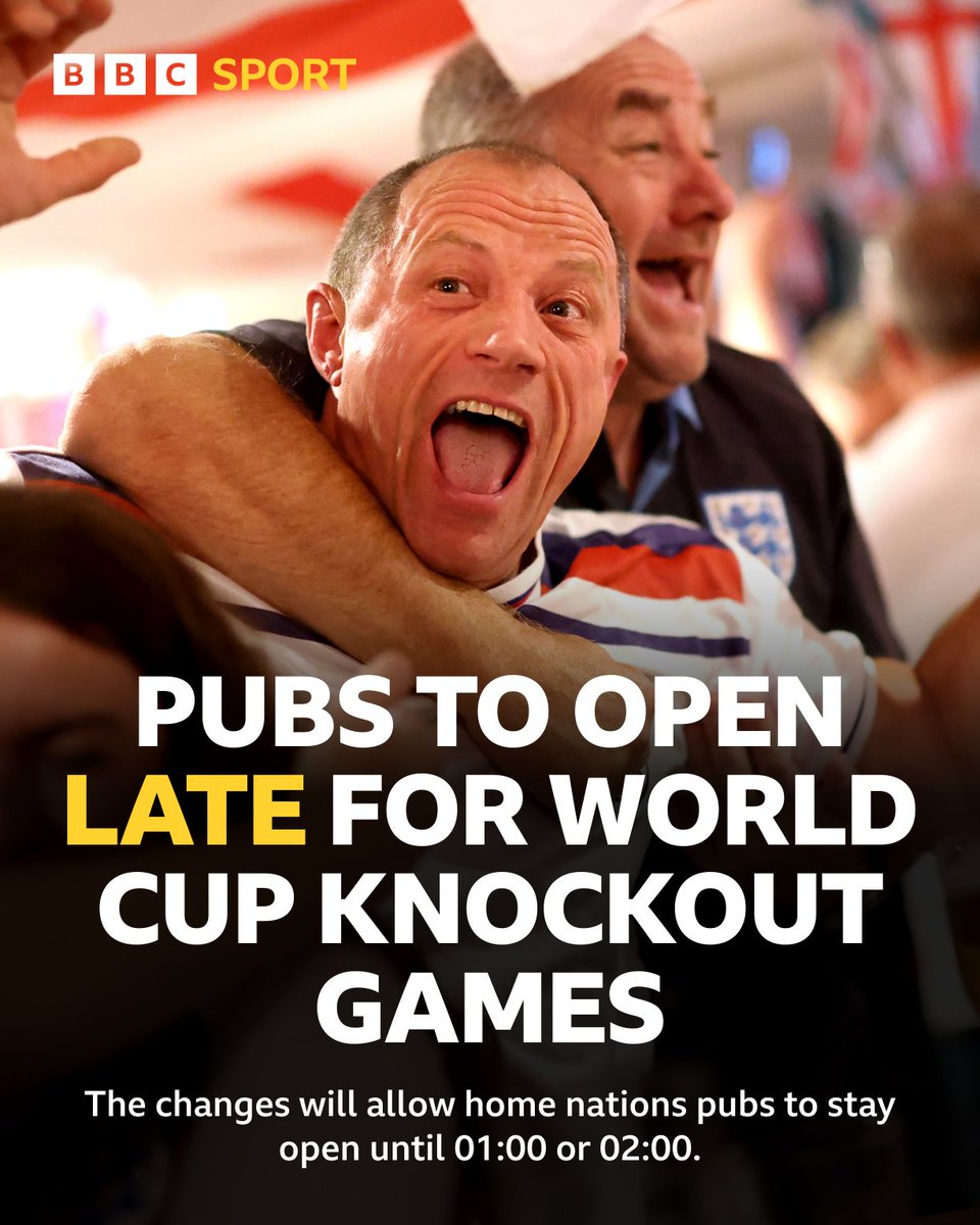 BBCSport's tweet image. Pubs across the UK will be able to stay open late for any home nation knockout match during the World Cup this summer 🤩