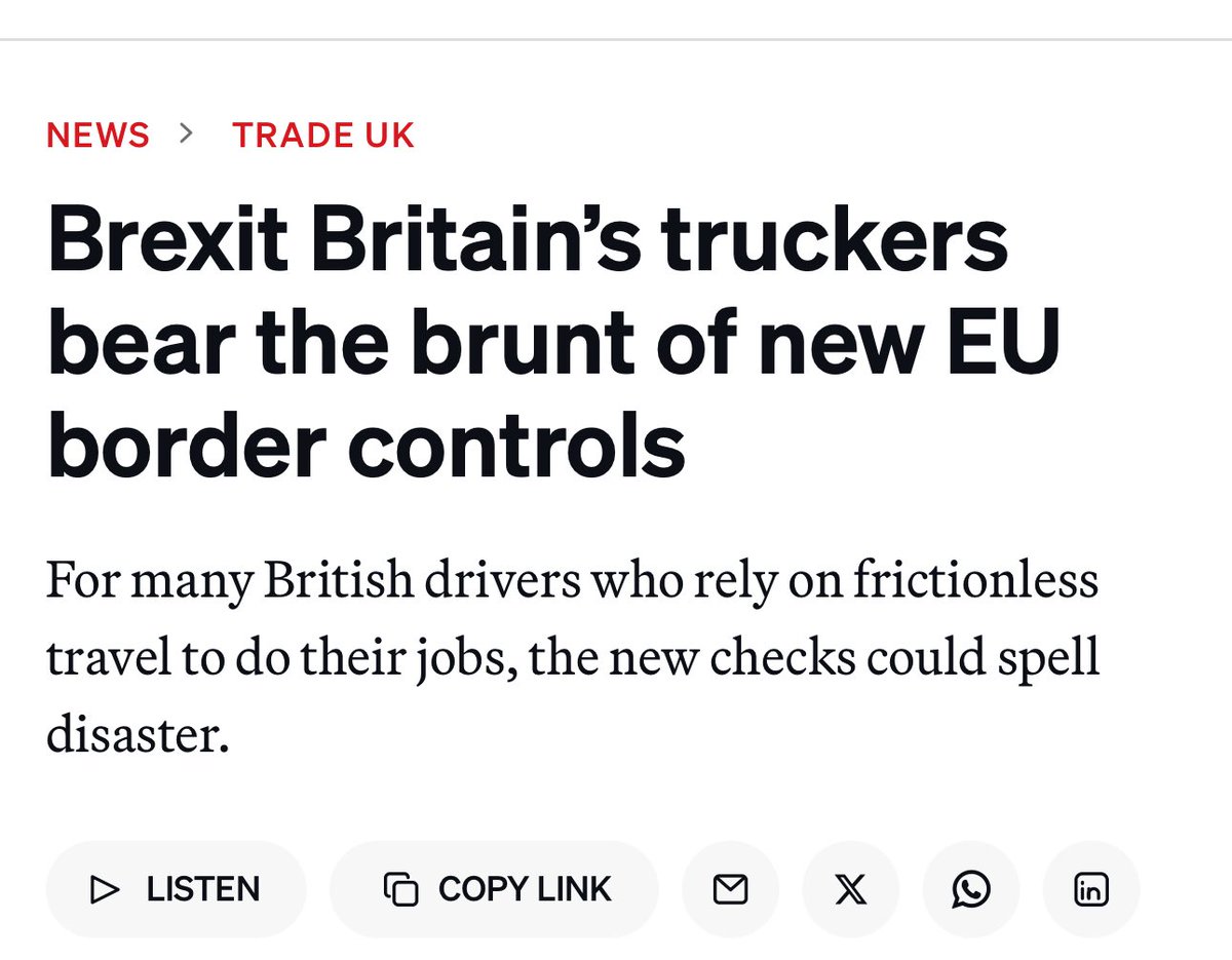 LizWebsterSBF's tweet image. Brexit wasn’t a one-off rupture.
It was a choice to swap a seat at the captain’s table for a life raft beside the ship.

Now EU border controls tighten and truckers, farmers, exporters and shoppers pay the price.

We punished ourselves and chose
third-country reality and decline.