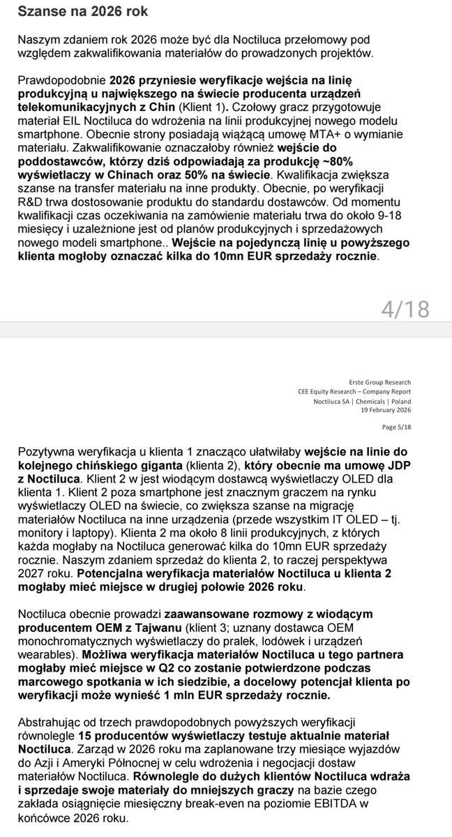 Get_Inside_Tech's tweet photo. Erste Group raport analityczny o Noctiluca👇 

"Naszym zdaniem 2026 rok może być dla Noctiluca przełomowy pod względem monetyzacji wypracowanych rozwiązań i 
przejścia weryfikacji na poziomie działów produkcyjnych klientów, a 
pierwszy znaczny kamień milowy związany z weryfikacją wejścia na linię  produkcyjną u największego na świecie producenta urządzeń 
telekomunikacyjnych z Chin może nastąpić już w maju. Szacujemy, że 
wejście na pojedynczą linię u powyższego klienta mogłoby oznaczać docelowe kilka do 10 mln EUR sprzedaży rocznie"

#GPW #Noctiluca #NCL #OLED