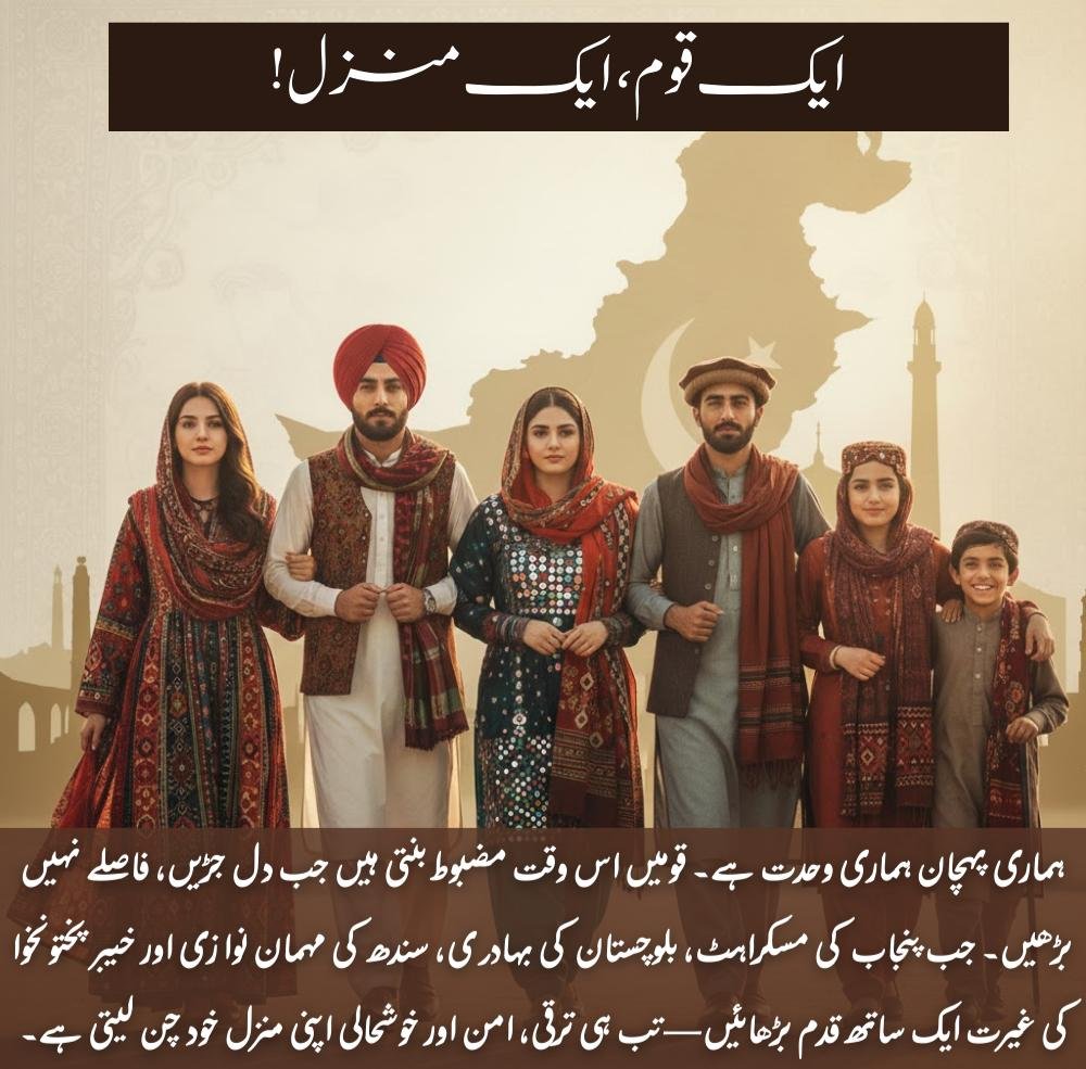 Kashidilbarz23's tweet image. ایک قوم ایک منزل!
ہماری پہچان ہماری وحدت ہے ۔ قومیں اس وقت مضبوط بنتی ہیں جب دل جڑیں، فاصلے نہیں بڑھیں ۔ جب پنجاب کی مسکراہٹ، بلوچستان کی بہادری، سندھ کی مہمان نوازی اور 
#OneNationOneGoal
#UnityInDiversity
#StrengthThroughUnity
#PeaceProgressProsperity
#TogetherForPakistan