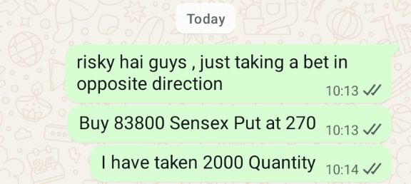 Freaky_Investor's tweet photo. Took this trade as well as gave to my clients 
83800 Sensex put 270 to 900

Profit Booked - Rs 12,60,000/- per 2000 Quantity!!!

This is how I trade daily !!
@Vishvesh03 @virendraonNifty @JayThakkar22 @NitinNifty @_anujsinghal 
#sensex #nifty #niftybank #nse #bse https://t.co/kvjALxcbBP