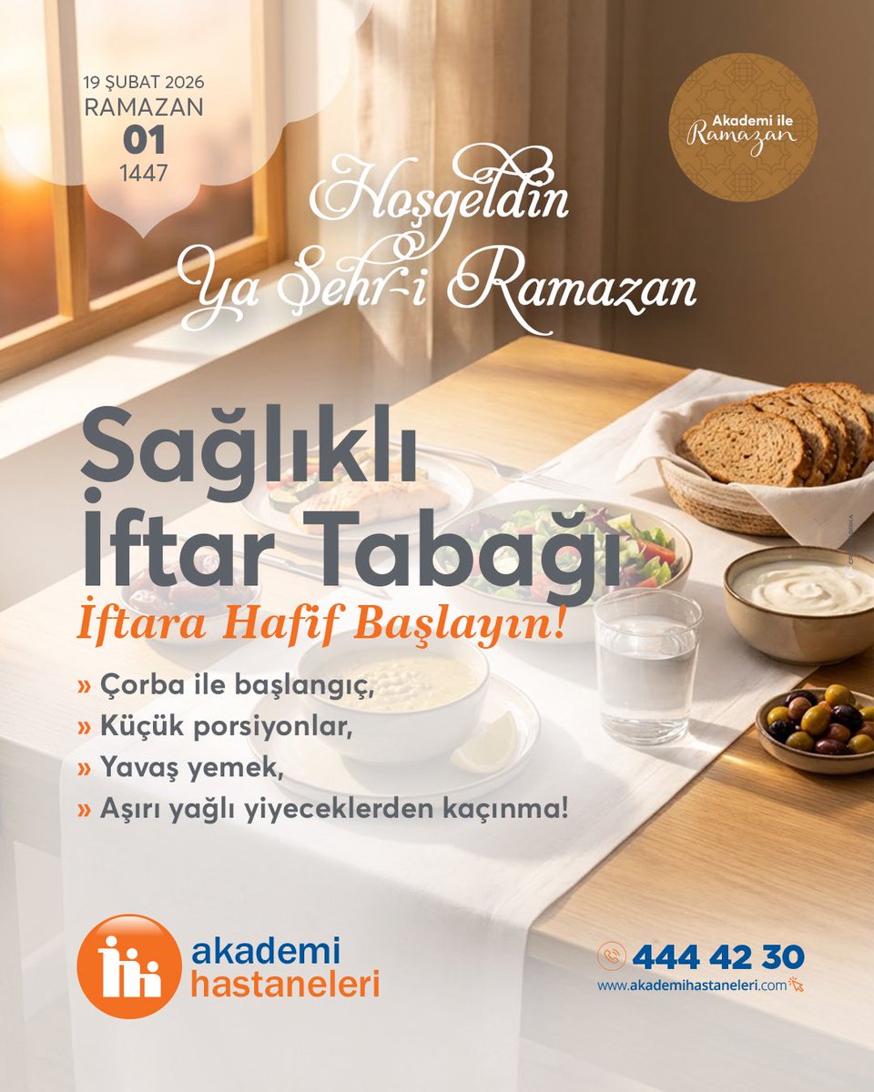 İftara Hafif Başlayın!
Çorba ile başlangıç,
Küçük porsiyonlar,
Yavaş yemek,
Aşırı yağlı yiyeceklerden kaçınma! 
#akademihastaneleri #akademikonyahastanesi #akademimeramhastanesi #iftar #ramazan