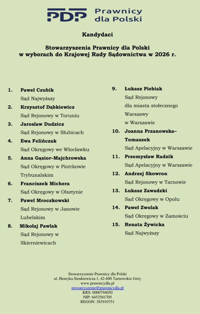 🇵🇱✌️
Trwają wybory do Krajowej Rady Sądownictwa <a href="/KRS_RP/">Krajowa Rada Sądownictwa</a>, dlatego uprzejmie prosimy o Państwa poparcie: oto lista naszych <a href="/PRAWNICYdlaPOL/">Prawnicy dla Polski</a> kandydatów-możecie Państwo podpisać listę każdego z nich albo wybranych przez siebie sędziów (nie ma limitu) ⤵️
🔥
Szczegóły na naszej witrynie