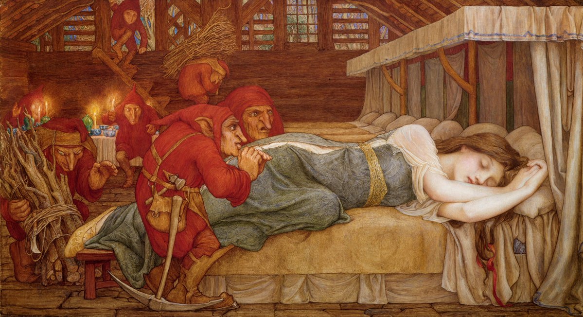 ジョン・D・バッテンの「Snowdrop and the seven little men」（1897）ですSnowdropとはスノーホワイトの事。白雪姫ですね。

この白雪姫では最終的に悪の女王（継母とも）が死にます。雷に打たれて崖から落ちたり、鏡の破片が心臓に刺さったり、狂い死にしたりと絵本により様々なバージョンが→続