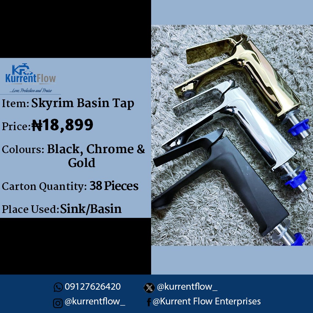 Elegant Flow, Regal Hues.

Skyrim Basin Tap: Black, Chrome, Gold luxury for sinks &amp; basins.

₦18,899 – Indulge in sophistication.

DM/Call 09127626420 <a href="/Kurrentflow_/">𝐊𝐮𝐫𝐫𝐞𝐧𝐭 𝐅𝐥𝐨𝐰 𝐄𝐧𝐭𝐞𝐫𝐩𝐫𝐢𝐬𝐞𝐬</a>